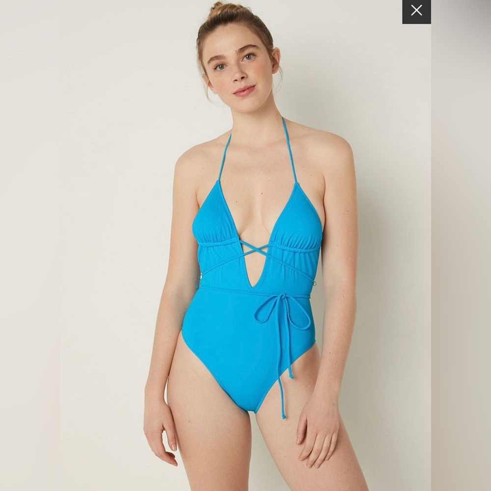 PINK — Triangle Wrap One-Piece Swimsuit. Light Blue in Large.
